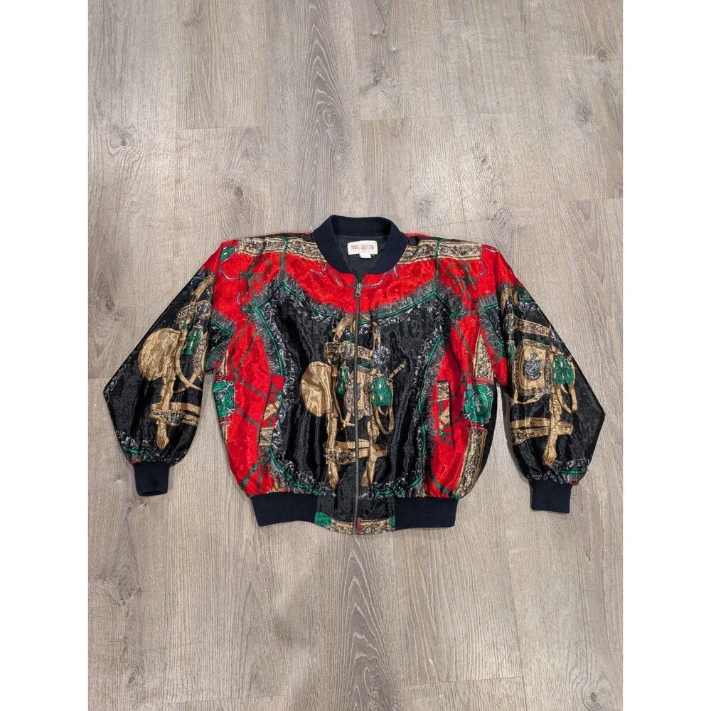 Vintage 80s 90s Baroque Equestrian Silk Look Bomber Jacket Graphic Red Black